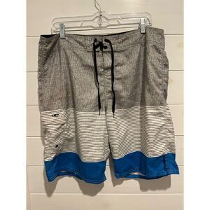 EXCELLENT MENS O'NEILL GRAY WHITE‎ BLUE STRIPED 21" BOARD SHORTS SIZE 36
